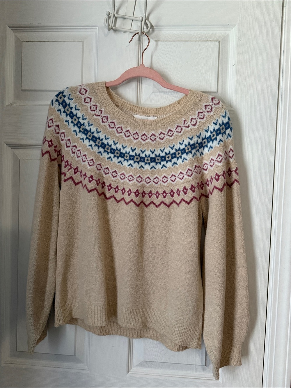Kids XL Market & Spruce Cream Fairisle Crewneck Sweater Blue & Pink Yoke